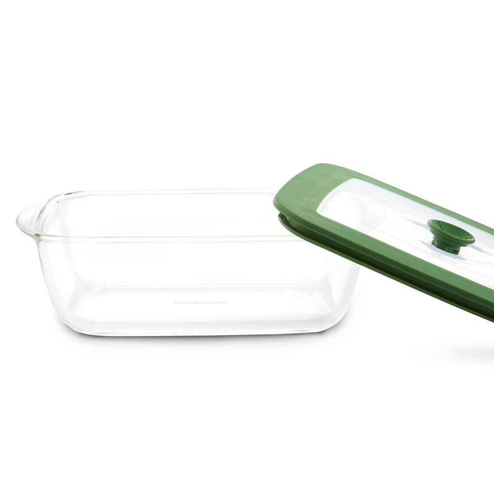 Borosil Square Dish w Green Lid, 2.2L