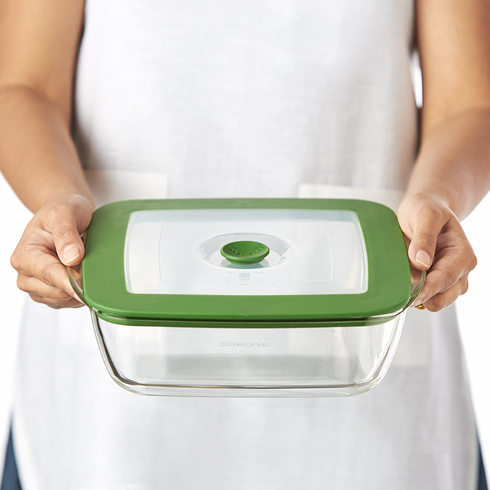 Borosil Square Dish w Green Lid, 2.2L