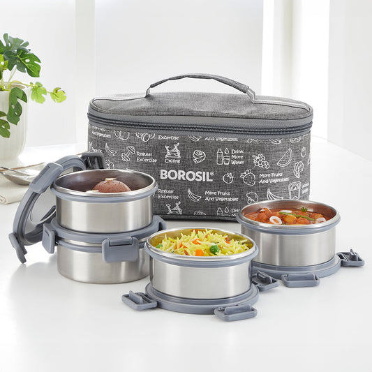 Borosil Slate Stainless Steel Lunchbox, Set of 4, 280ml