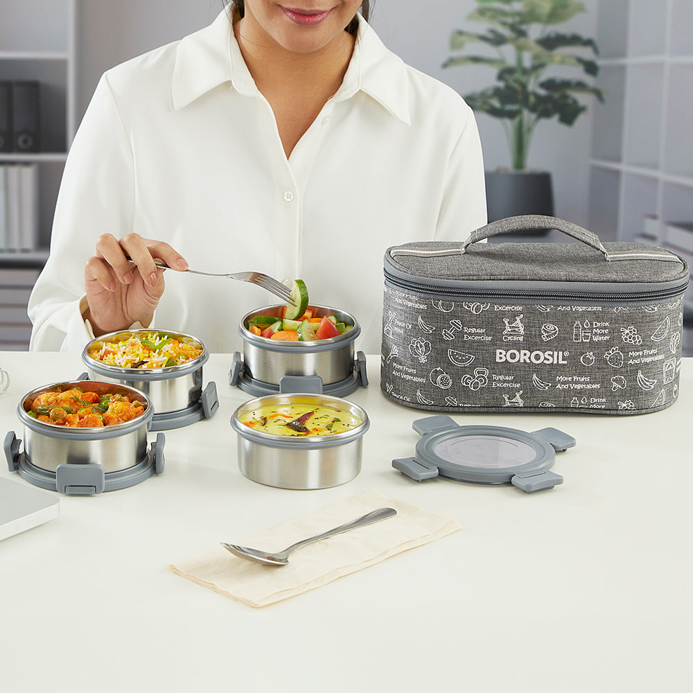 Borosil Slate Stainless Steel Lunchbox, Set of 4, 280ml