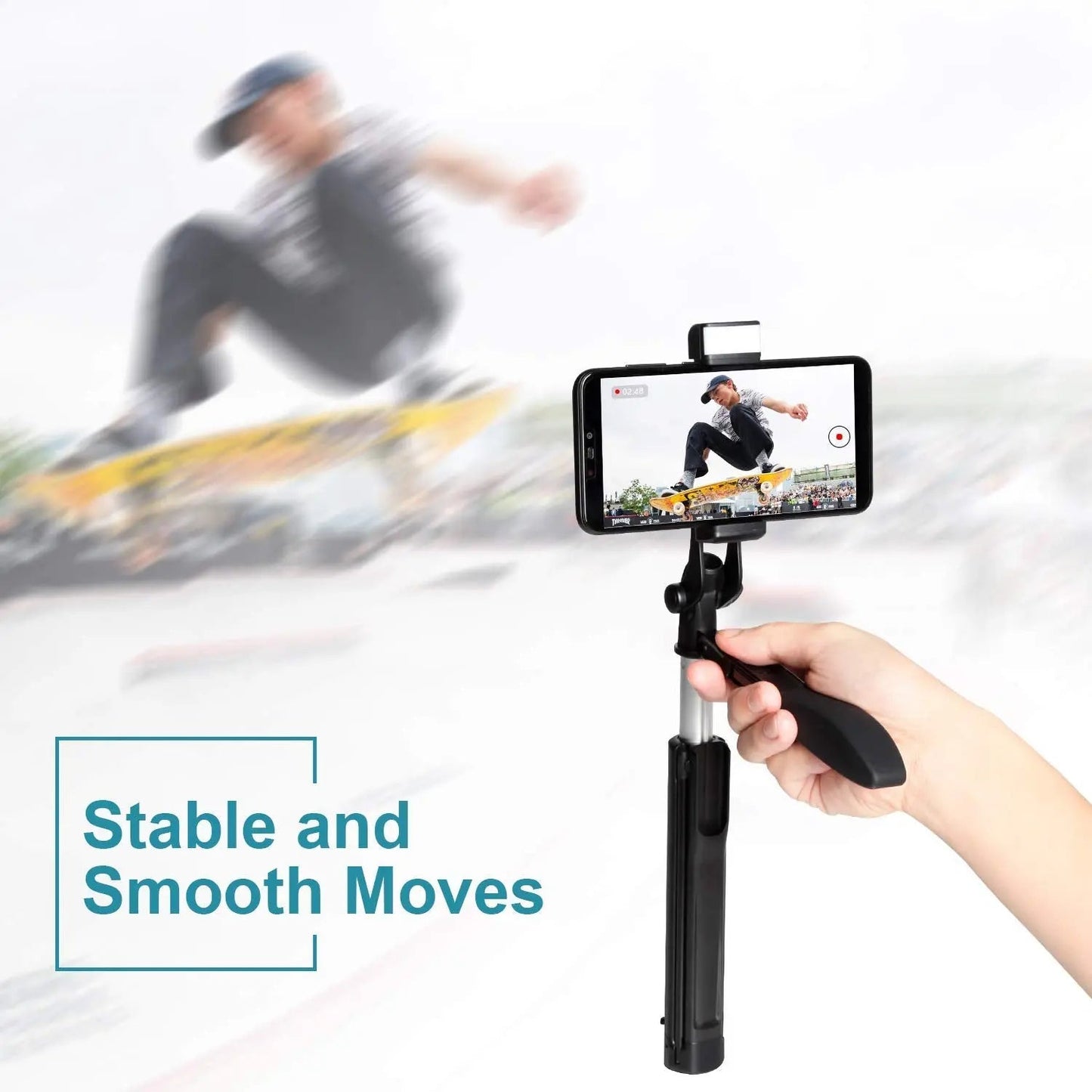 Selfie Stick Gimbal Tripod with Stability Handle built-in LED Flash light and wireless clicker-iOS & Android Phone Compatible