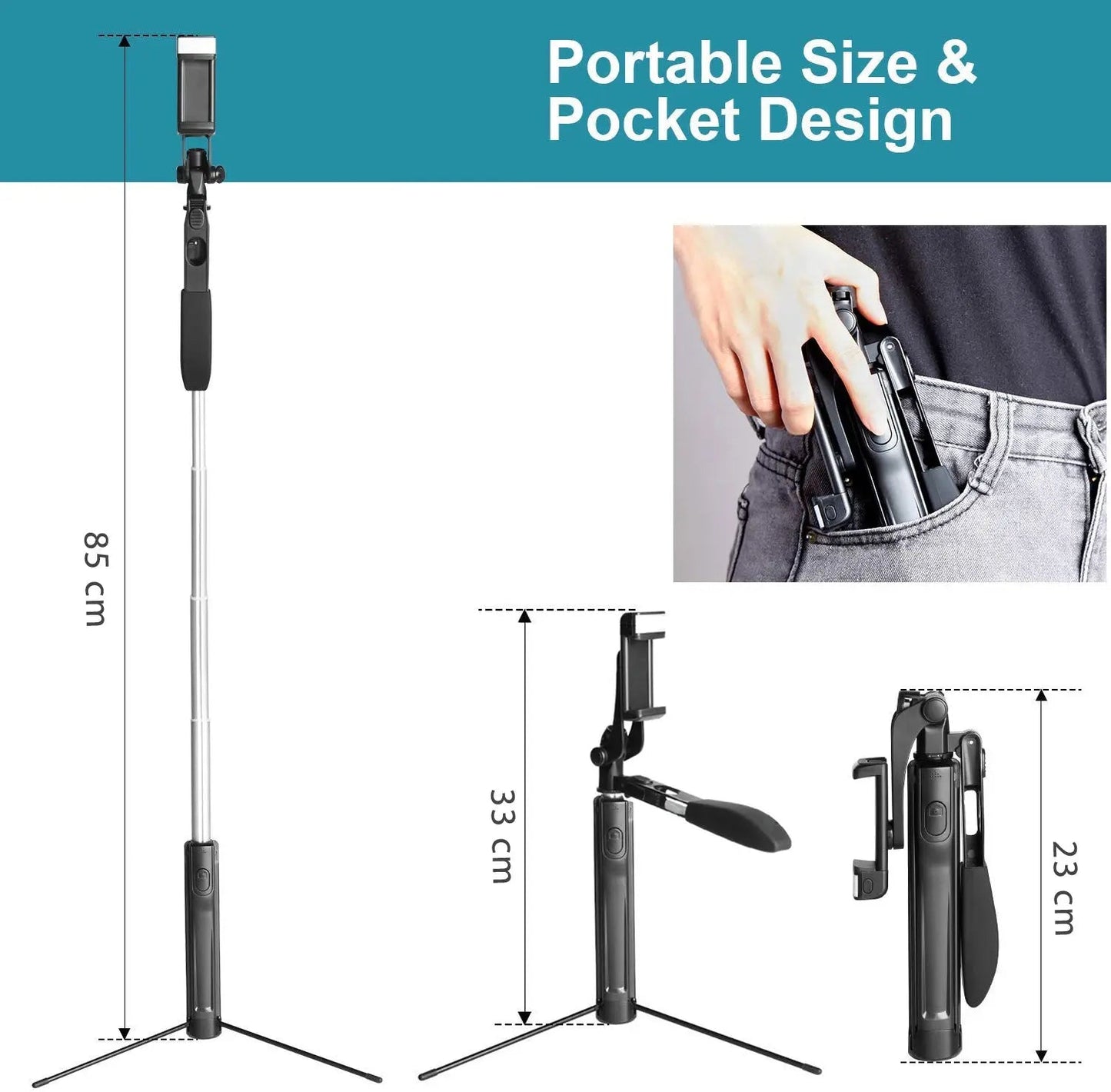 Selfie Stick Gimbal Tripod with Stability Handle built-in LED Flash light and wireless clicker-iOS & Android Phone Compatible
