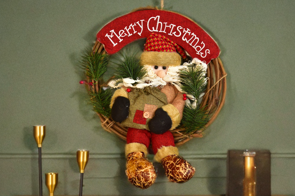 Christmas Wreath Pendant - 35CM Santa Claus Snowman Deer Wood Rattan Ring Xmas Hanging Decor