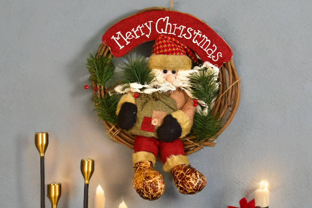 Christmas Wreath Pendant - 35CM Santa Claus Snowman Deer Wood Rattan Ring Xmas Hanging Decor