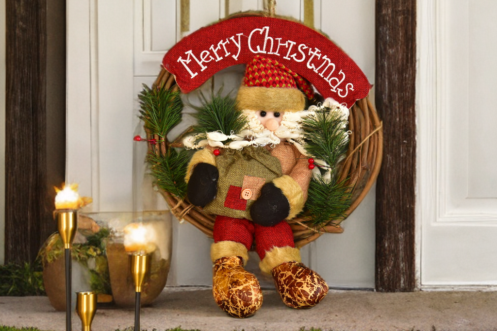 Christmas Wreath Pendant - 35CM Santa Claus Snowman Deer Wood Rattan Ring Xmas Hanging Decor