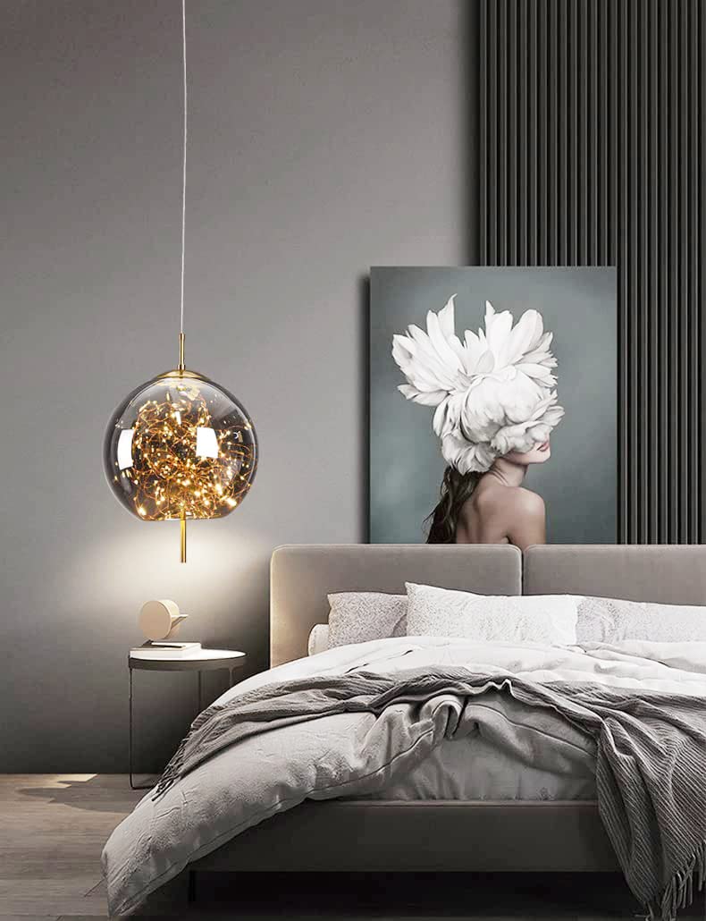 Modern Globe Pendant Light with Starry String LEDs – Golden Hanging Ceiling Light for Dining, Kitchen, Living Room & Hall Decoration