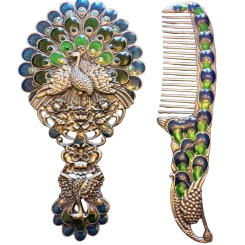 Webelkart Premium Handwork Peacock Hand Mirror with Comb Set Personal Makeup for Women/Girl Salon Mirror & Decorative Antique Item Women Gift Item (Multicolour)