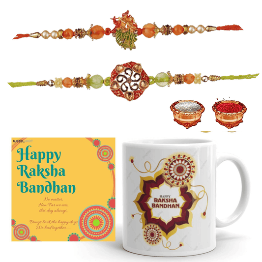JaipurCrafts Combo of Printed Mug Rakhi Gift for Brother Combo Pack (3 Rakhi for Bhaiya Bhabhi and Kids, 1 Greeting Card, 1 Ceramic Printed Mug, and Roli Chawal)|