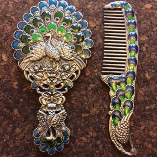 Webelkart Premium Handwork Peacock Hand Mirror with Comb Set Personal Makeup for Women/Girl Salon Mirror & Decorative Antique Item Women Gift Item (Multicolour)