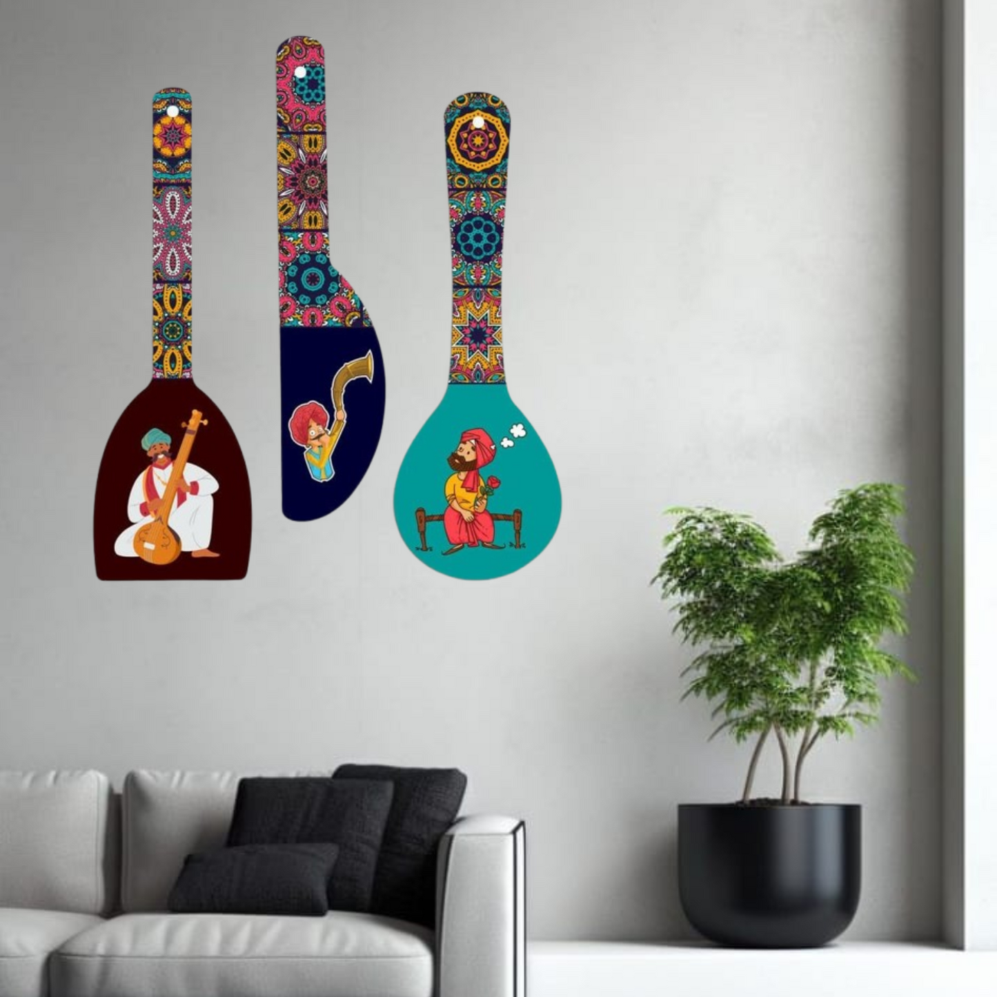 Webelkart Antique Rajasthani Culture Wall Hanger Spoons for Home Decoration | Living Room | Gift | Modern Decoration Items | Kitchen Wall Decor | Home Decor Hanging Items- (Set of 3 12" Inches)