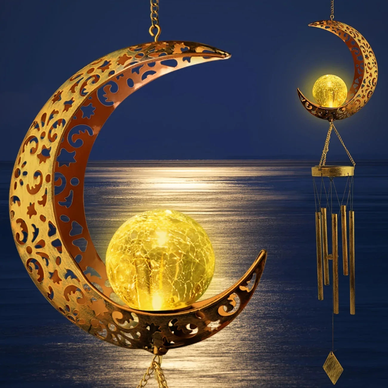 Solar Outdoor Crescent Moon Wind Chime
