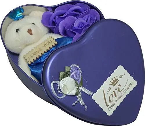 Heart Shaped Box with Teddy and Roses