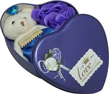 Heart Shaped Box with Teddy and Roses