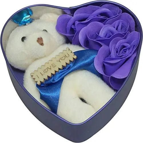 Heart Shaped Box with Teddy and Roses