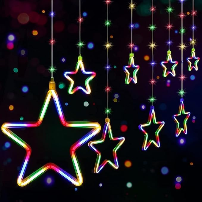Multicolor LED Neon Star Curtain String Light| 9 Neon Stars (5 Big & 4 Small Stars)