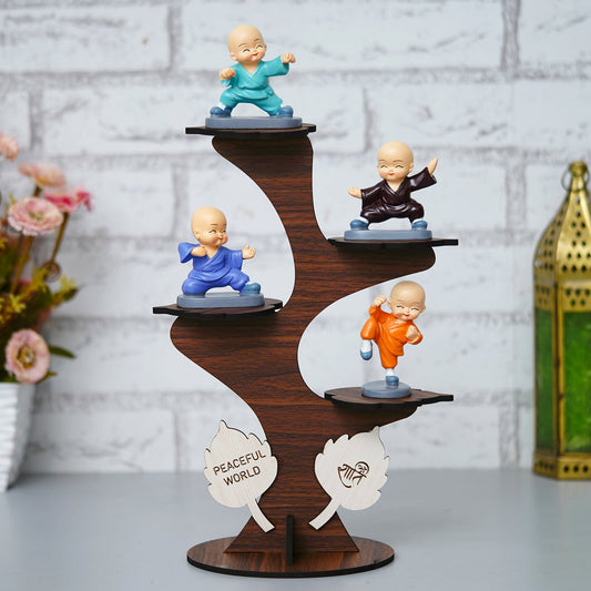 JaipurCrafts Decorative Set of 4 Adorable Buddha Monk Figurines with Wooden Stand for Peaceful Home Decor & Office Decor, Special Gifting, Ideal for Living Room, Meditation Spaces, and Special Occasions