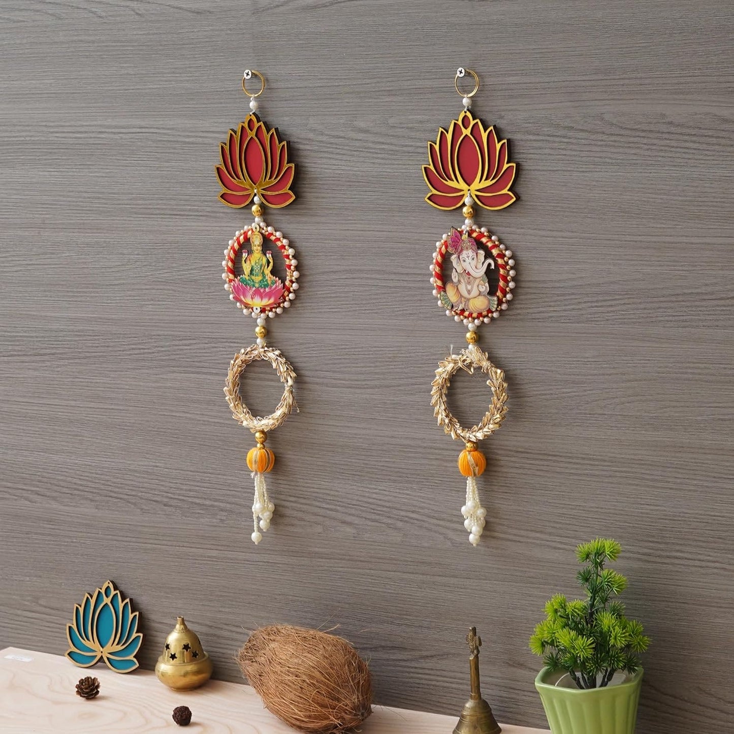 JaipurCrafts  Laxmi Ganesh ji Wall Hanging |Lotus Back Drop Hanging | Wall Decor |Temple Decor Wall Hanging | Diwali Decor Wall Hanging Home and Office Decor (Set of 2) 17" Inches