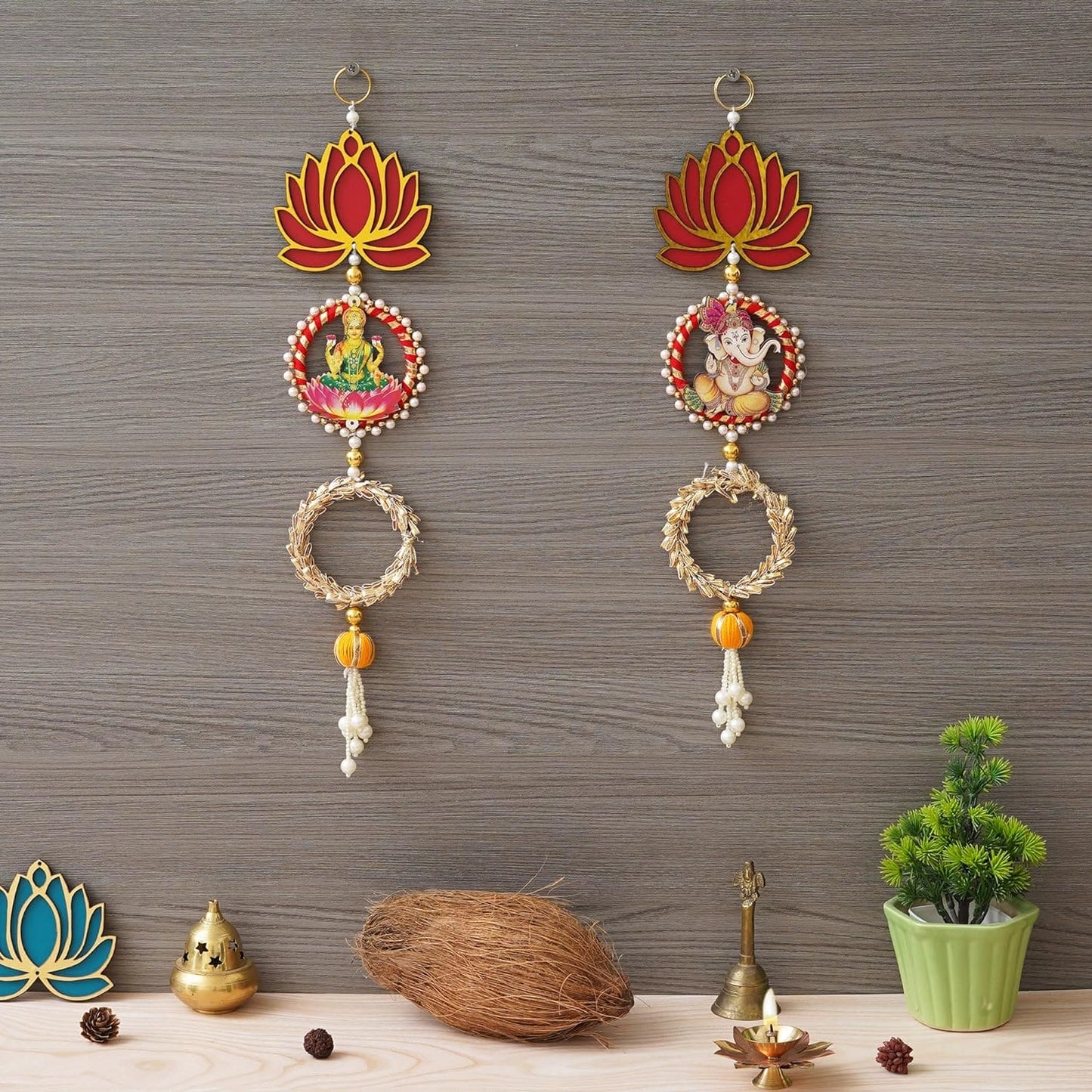 JaipurCrafts  Laxmi Ganesh ji Wall Hanging |Lotus Back Drop Hanging | Wall Decor |Temple Decor Wall Hanging | Diwali Decor Wall Hanging Home and Office Decor (Set of 2) 17" Inches
