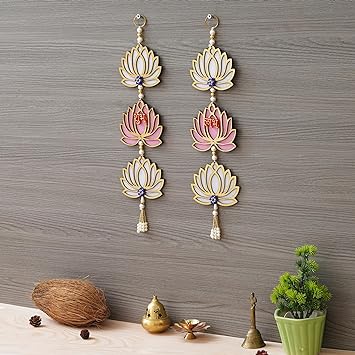 JaipurCrafts  Pink and White Lotus Flower with Shubh Labh Wall Hanging for Diwali Decoration| Wall Decor |Temple Decor Wall Hanging Home and Office Decor (Wood Set of 2) 16" Inches