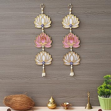 JaipurCrafts  Pink and White Lotus Flower with Shubh Labh Wall Hanging for Diwali Decoration| Wall Decor |Temple Decor Wall Hanging Home and Office Decor (Wood Set of 2) 16" Inches