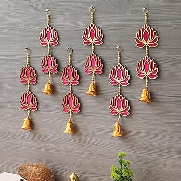 JaipurCrafts  Pink Lotus Wall Hanging |Lotus Back Drop Hanging | Wall Decor |Temple Decor Wall Hanging Home and Office Decor (Wood Set of 6) 14" Inches