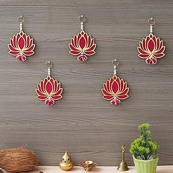JaipurCrafts  Premium Lotus Wall Hanging |Lotus Back Drop Hanging | ganpati Decoration Wall Hanging Home and Office Decor (Wood Set of 5) 6" Inches