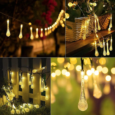 Fairy Water Drop String Lights - 16 LED Waterproof Crystal Lights for Outdoor Decoration