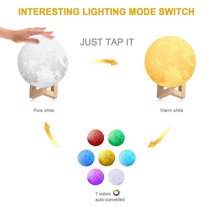 Tap-Control 3D Moon Lamp with Color-Changing Lights – USB Rechargeable Lunar Night Light for Romantic, Kids & Ambient Lighting