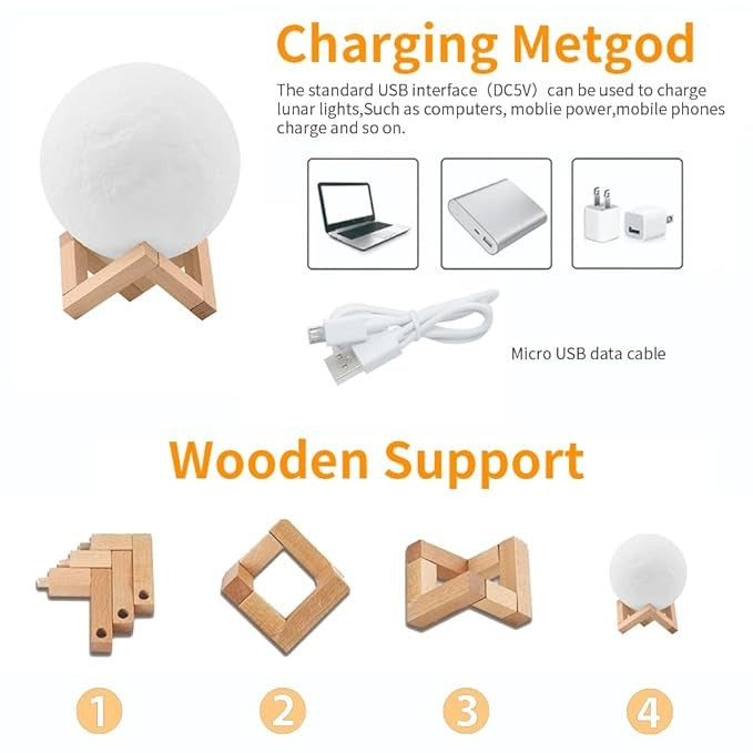Tap-Control 3D Moon Lamp with Color-Changing Lights – USB Rechargeable Lunar Night Light for Romantic, Kids & Ambient Lighting