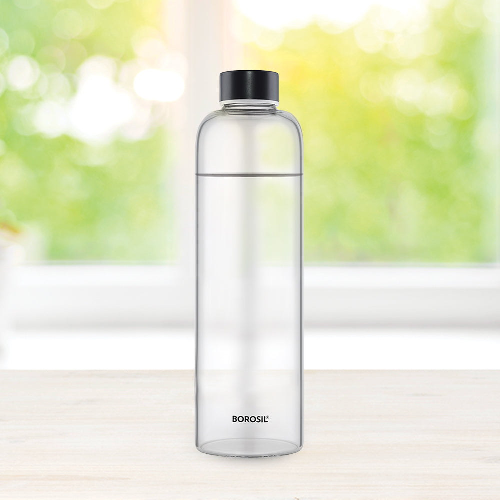Borosil Crysto Glass Bottle-Black Lid, 750ml