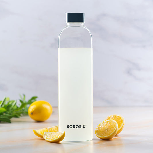 Borosil Crysto Glass Bottle-Black Lid, 750ml