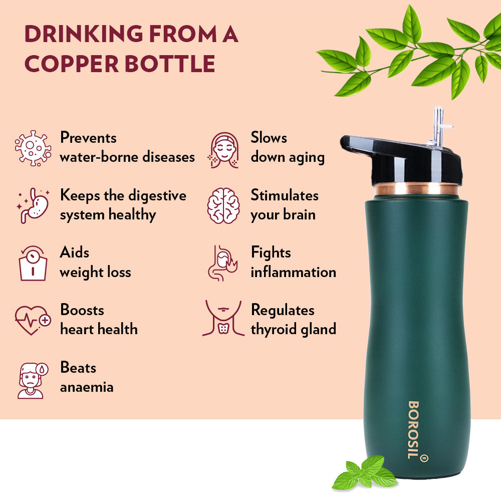 Borosil Sipper Copper Bottle, Green, 750ml, Personalised