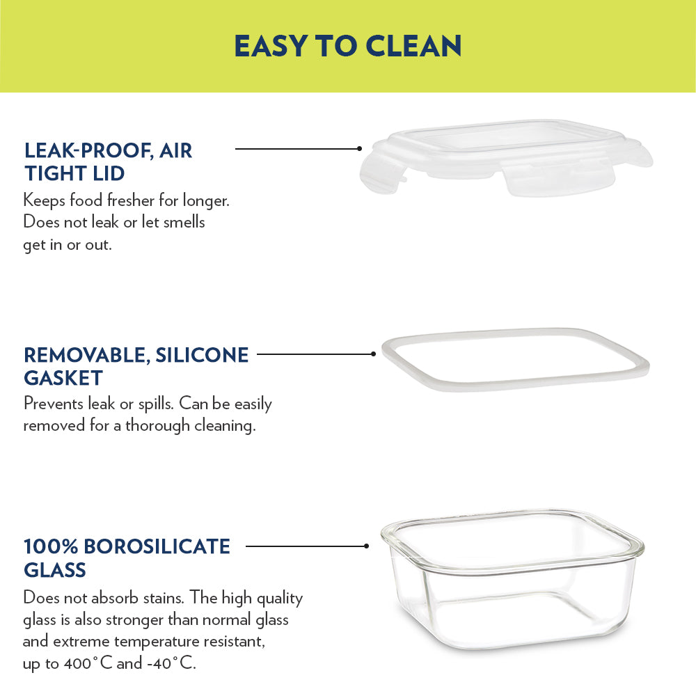 Steller Glass Lunch Box, Square x 2 (Flat), Set of 2, 320ml