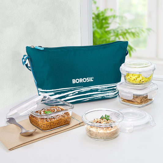 Steller Daisy Glass Lunch Box, Set of 4 (320ml x 2 + 240ml x 2)