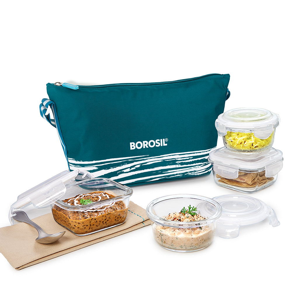Steller Daisy Glass Lunch Box, Set of 4 (320ml x 2 + 240ml x 2)