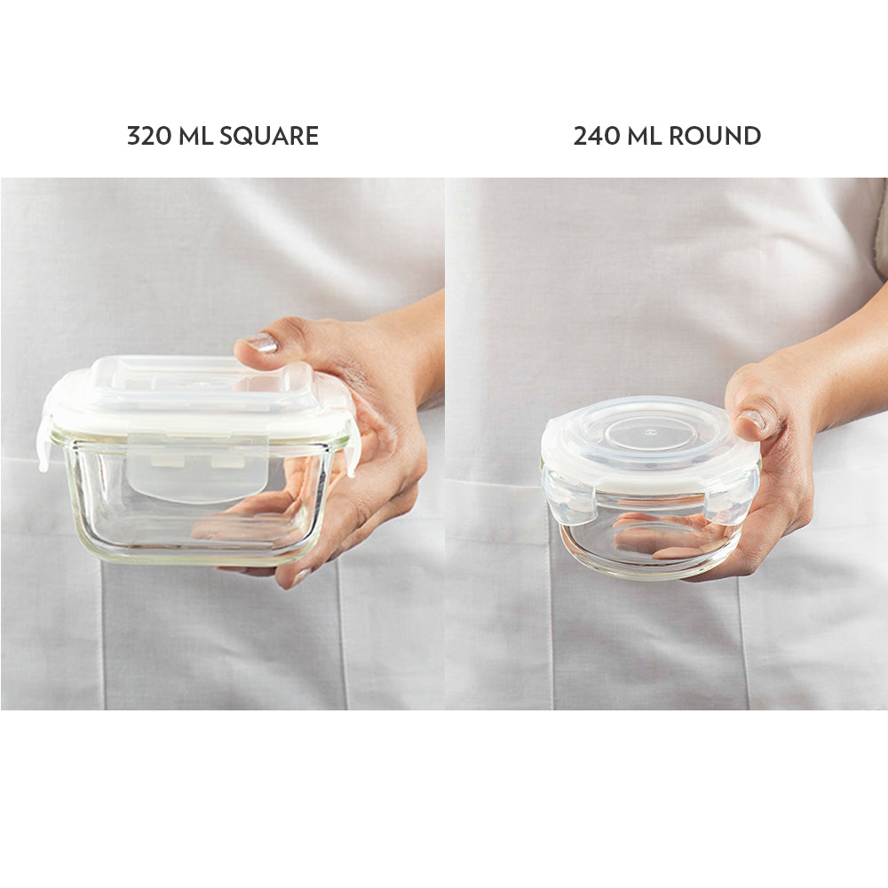 Steller Daisy Glass Lunch Box, Set of 4 (320ml x 2 + 240ml x 2)