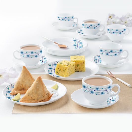 Larah by Borosil Bluebell Snack Set w Cups n Saucer, 18 pc