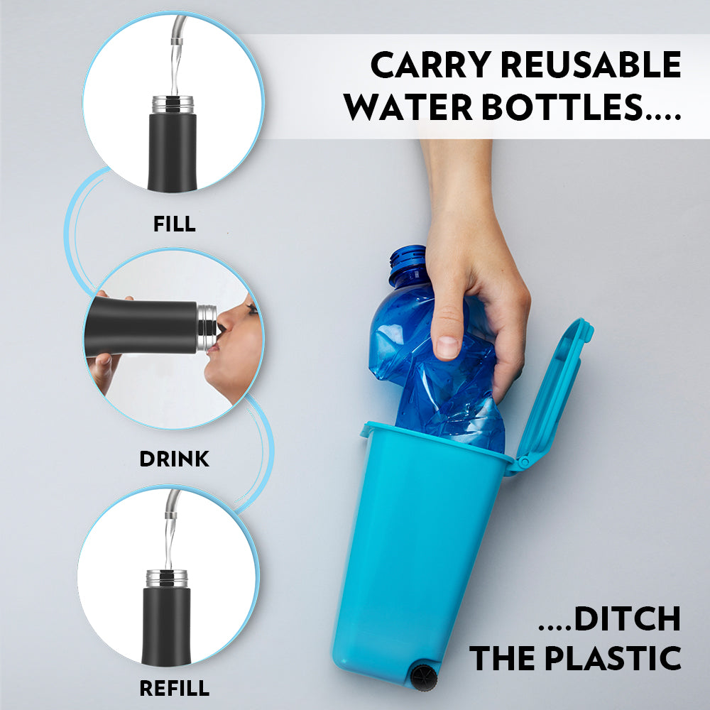 Borosil Swan Stainless Steel Single Wall Bottle, Black, 1L