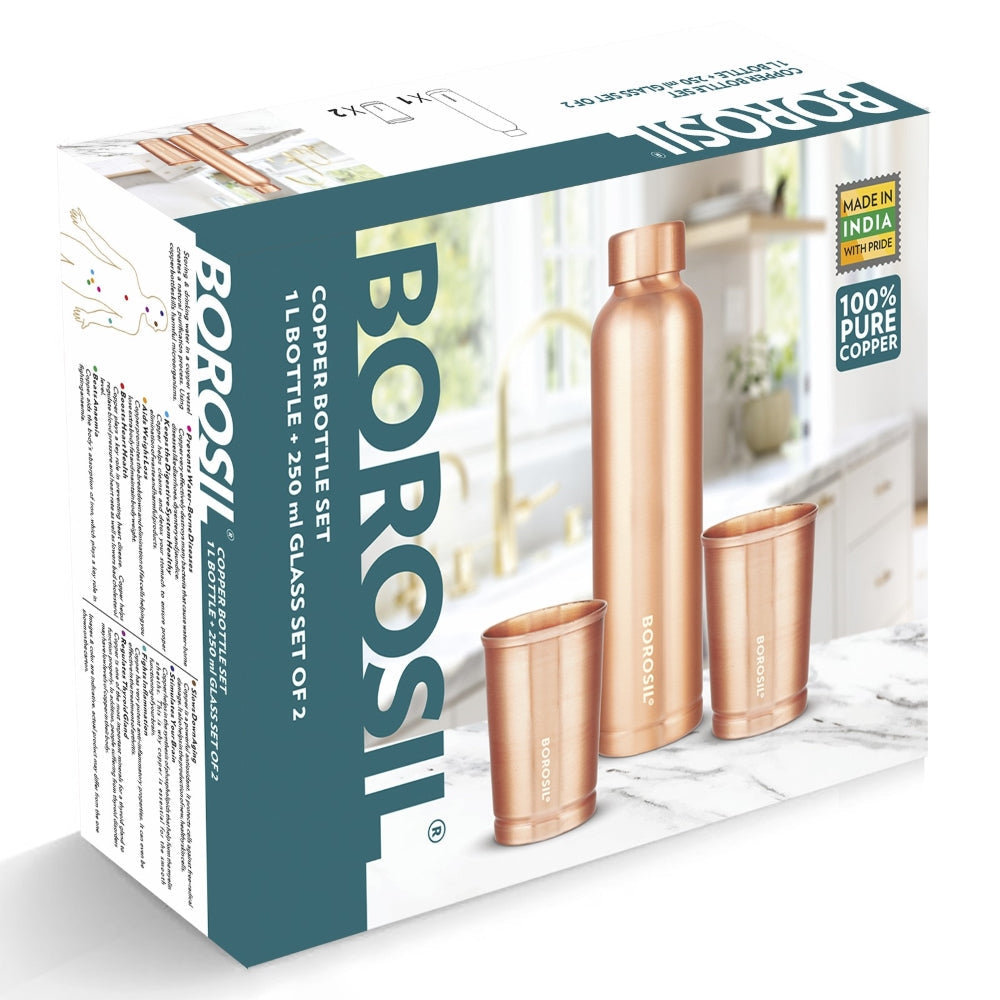 Borosil ECO Copper Bottle & Glass Set, 1L Bottle + 2 x 250ml Glasses