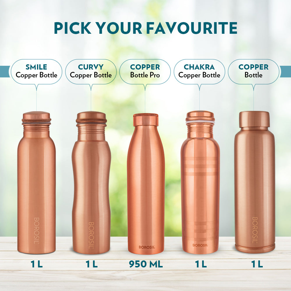 Borosil ECO Copper Bottle & Glass Set, 1L Bottle + 2 x 250ml Glasses