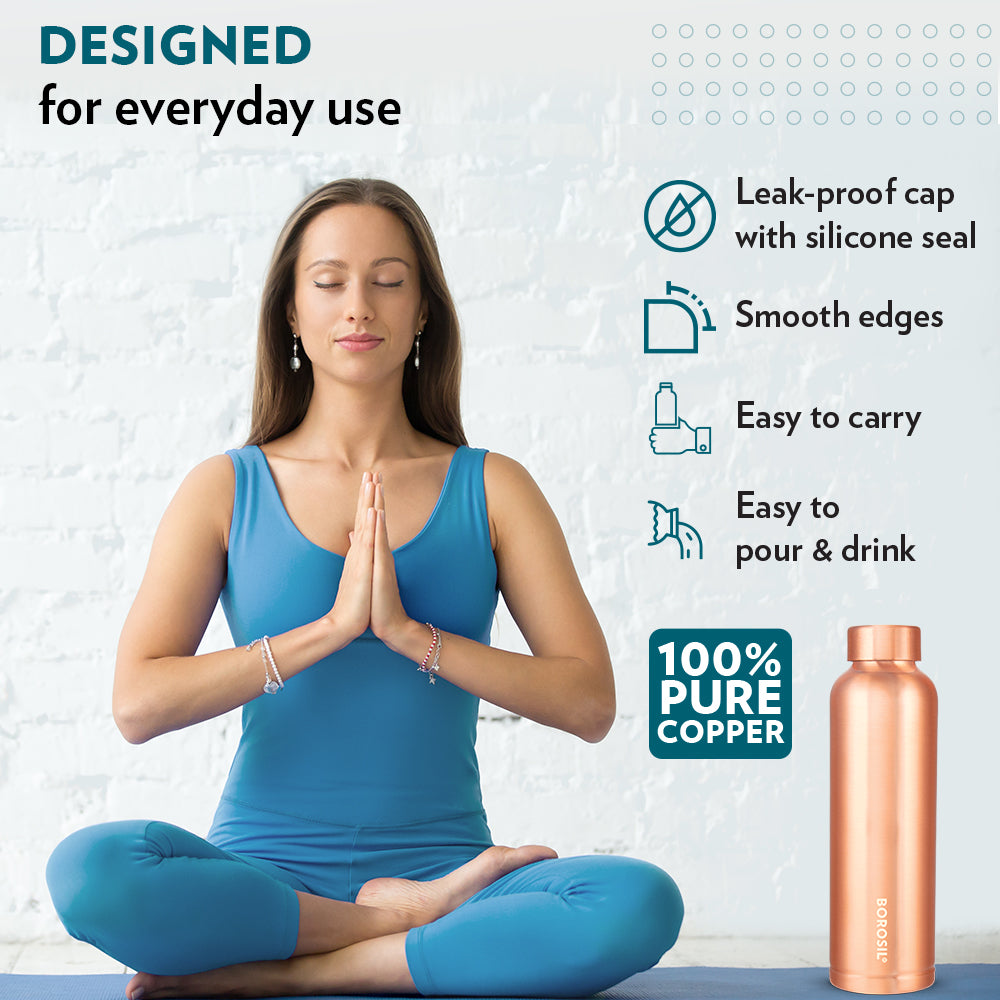 Borosil ECO Copper Bottle & Glass Set, 1L Bottle + 2 x 250ml Glasses