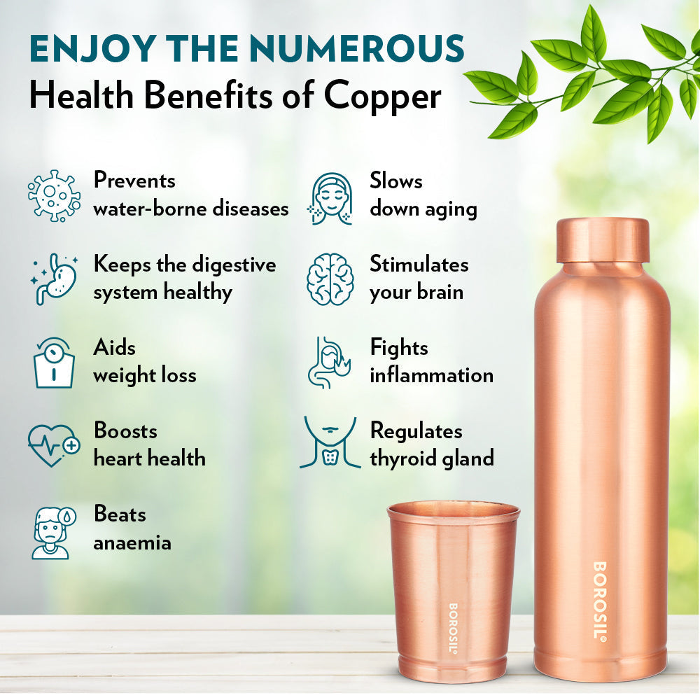 Borosil ECO Copper Bottle & Glass Set, 1L Bottle + 2 x 250ml Glasses