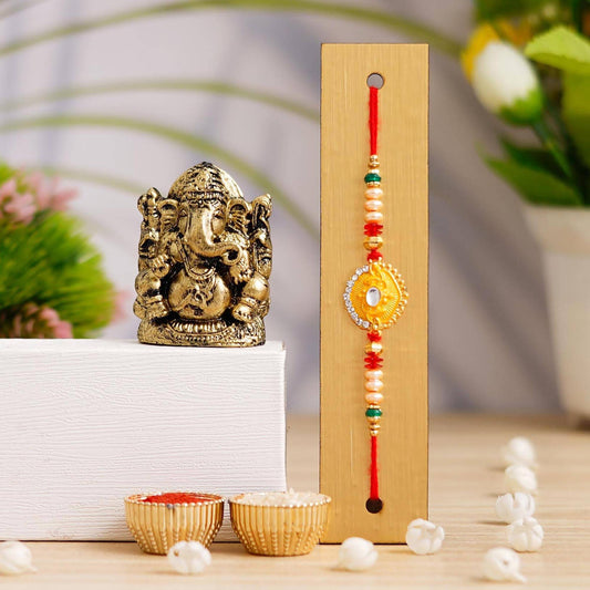 JaipurCrafts New Combo Of Single Rakhi With Ganesha Idol Statue for Home And Car Dashboard- Rakhi for brother and bhabhi- Rakhi Gift Combos