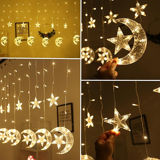 LED Star and Moon Curtain String Lights for Home Decoration | Warm White Hanging Fairy Lights for Bedroom, Festival, Kids Room & Party Backdrop – 12 Stars + 6 Moons